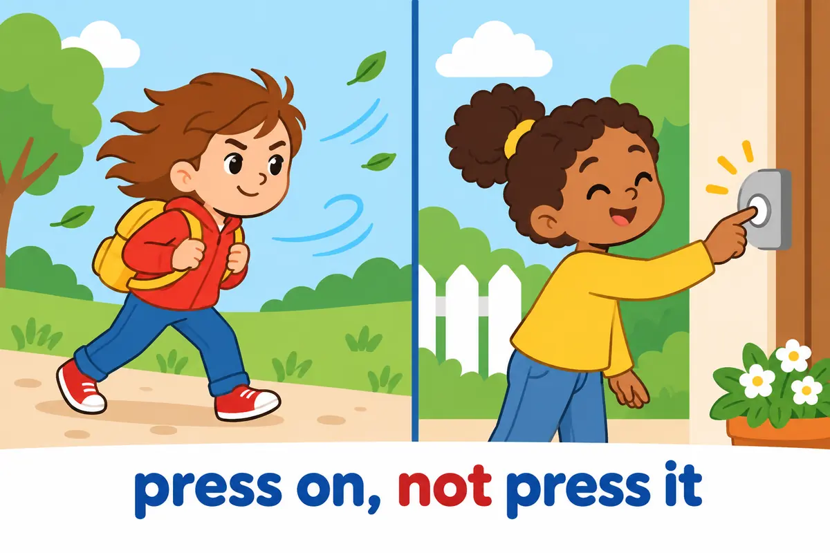A cartoon split scene contrasts a child marching on through wind with a child pressing a doorbell button.