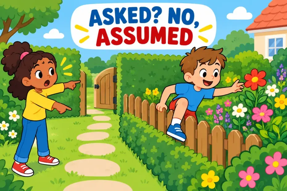 Cartoon child steps over a garden fence to pick flowers, illustrating presumptuous in a sentence as assuming a permission never given.