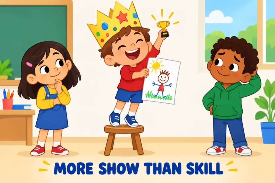 A cartoon child wears a paper crown and holds a tiny trophy, showing pretentious in a sentence as claiming more than they have.
