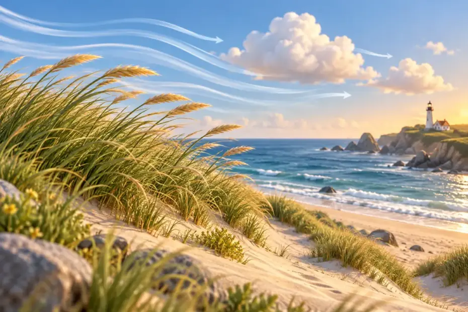 Steady wind streams move across a coastal landscape, bending grasses and carrying clouds.