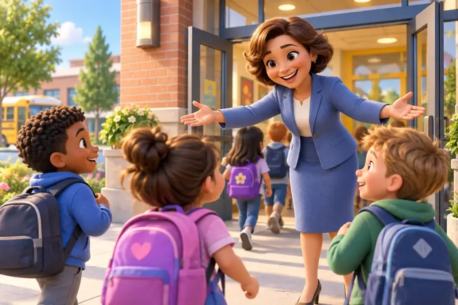 A school head welcoming students at an entrance.
