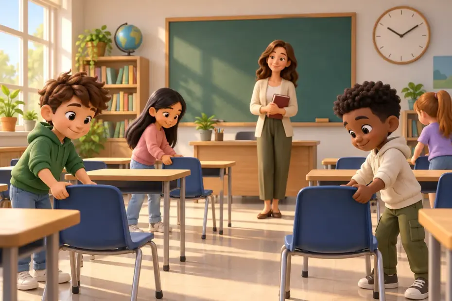 Students arrange chairs before a classroom lesson begins.