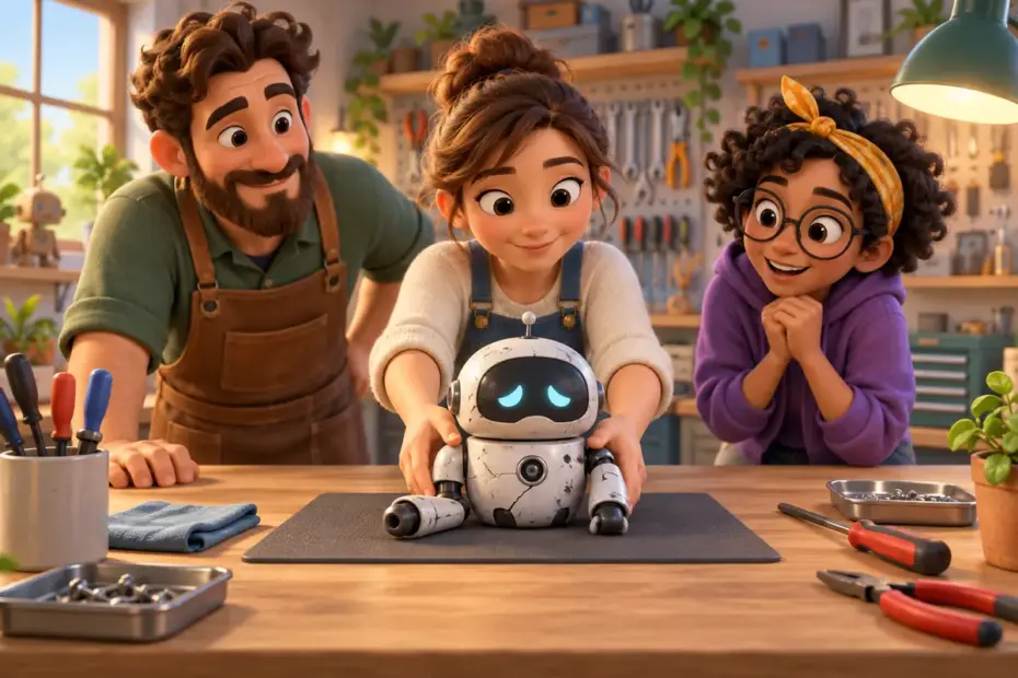 A team examines a small robot on a tidy workshop bench.