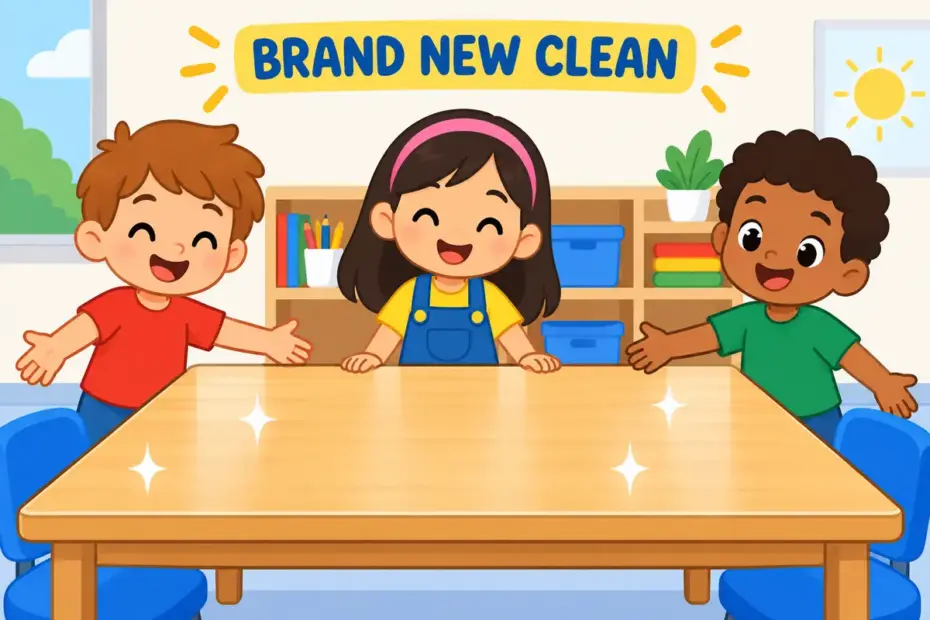 Cartoon children admire a gleaming unmarked classroom table, showing pristine in a sentence as unspoiled condition.