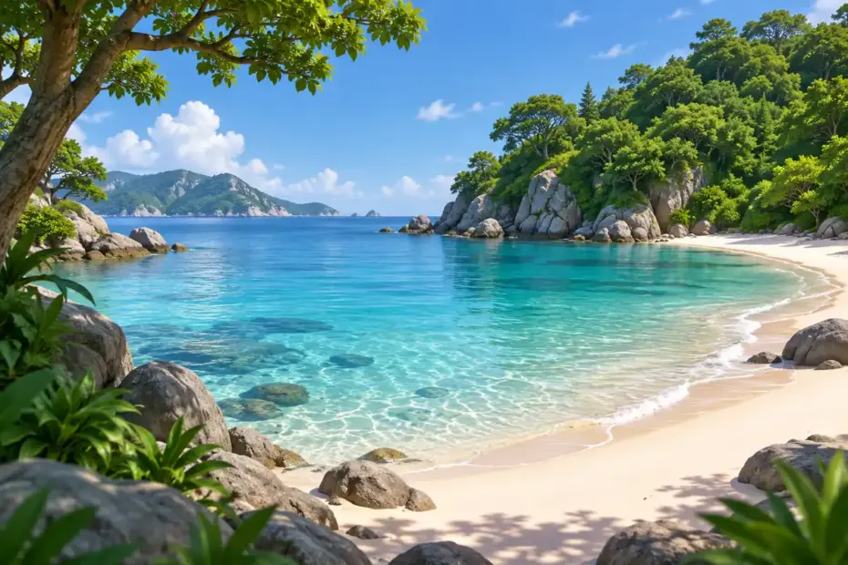 A quiet, clear-water cove with clean sand and a natural tree-lined shore.