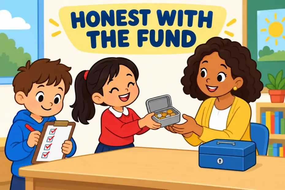 A cartoon pupil returns a full tin of club money to a teacher, showing probity in a sentence as complete honesty.