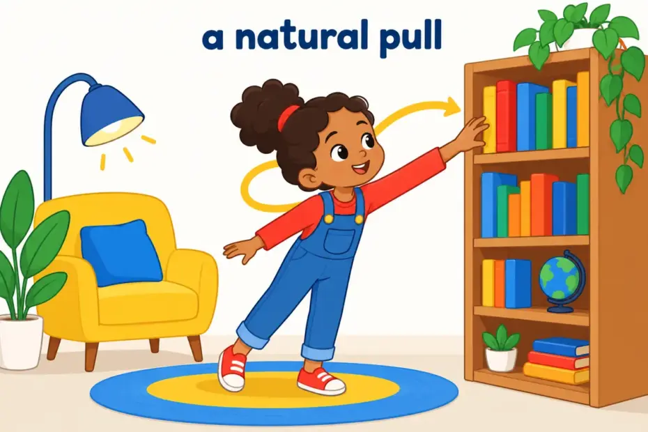 Cartoon girl leans toward a shelf of books as a gentle arrow curves toward her favourite choices, showing proclivity in a sentence.