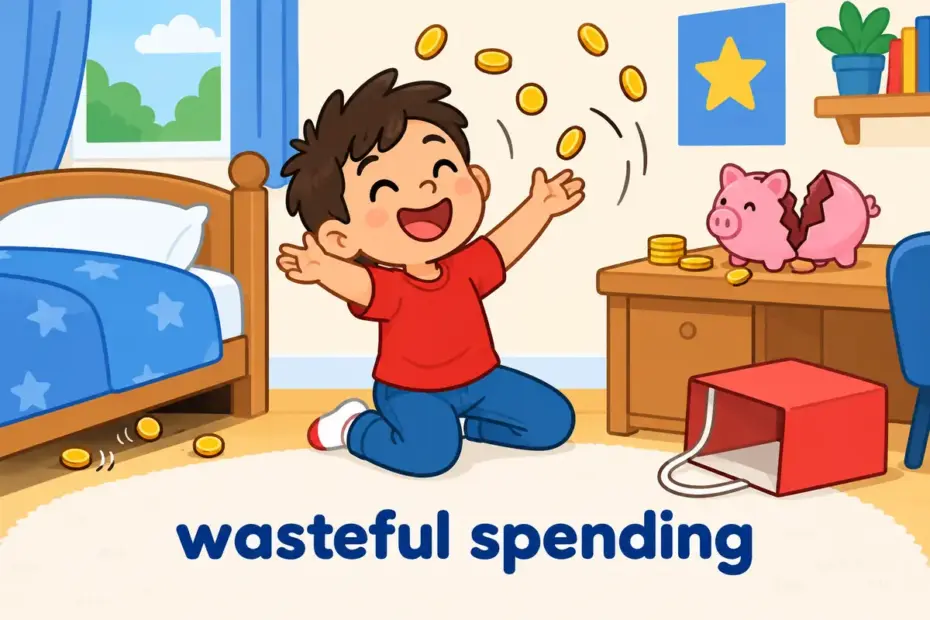A cartoon child scatters coins beside an empty piggy bank, showing prodigal in a sentence as careless waste.
