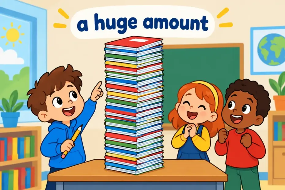 Cartoon children stare at a gigantic stack of finished homework, showing prodigious in a sentence as a remarkably large amount.