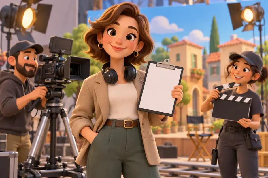 A film producer coordinates a small team beside a movie camera.