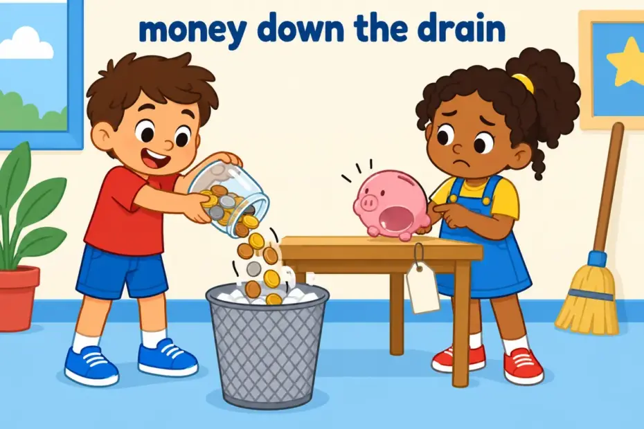Cartoon children tip coins into a wastebasket beside an empty money box, showing profligate in a sentence as wasteful spending.
