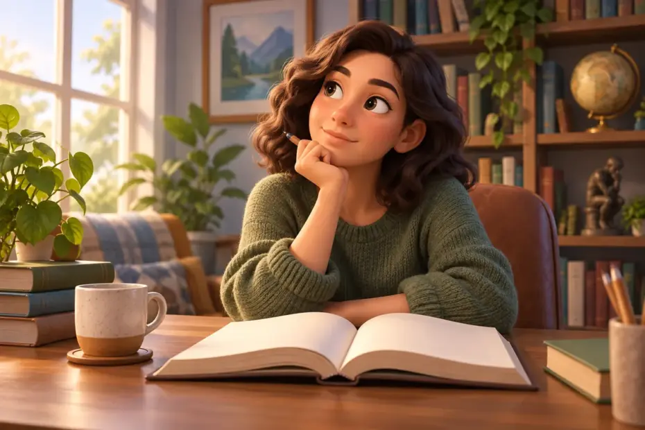 A reader pauses thoughtfully over an open book in a quiet study.