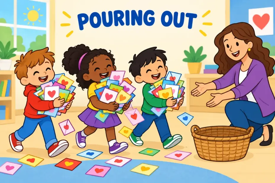Cartoon children carry armfuls of thank-you notes to a helper, showing profuse thanks given in large amounts.
