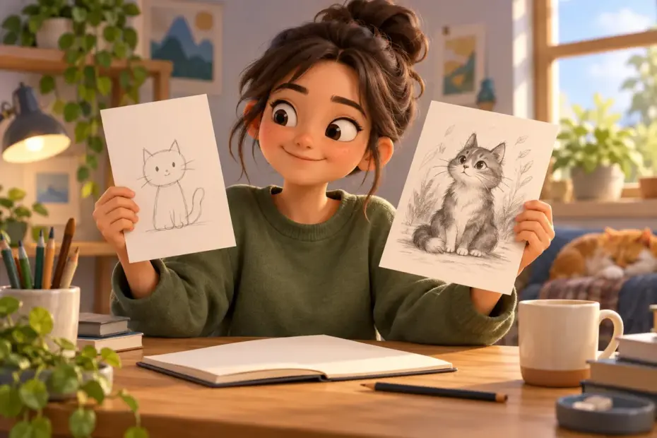 A student compares early and later drawings.