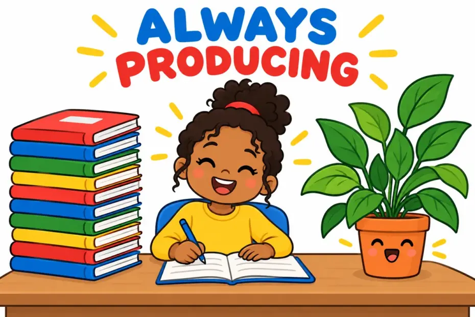 Cartoon writer sits at a desk beside a tall stack of finished books, illustrating prolific in a sentence as steady high output.