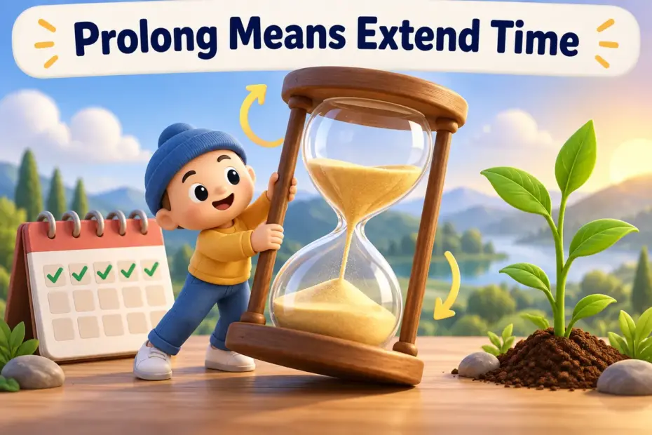 A child stretches a large hourglass beside a calendar beneath the phrase “Prolong Means Extend Time.”