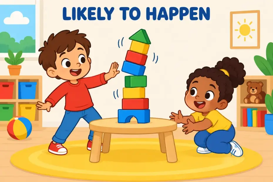 Cartoon child watches a wobbly tower of blocks, showing prone in a sentence as likely to topple.