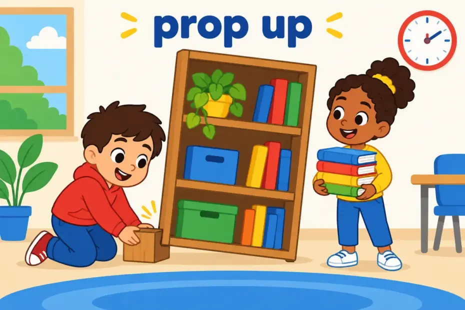 A cartoon child wedges a wooden block under a leaning shelf, showing prop up in a sentence as a temporary support.