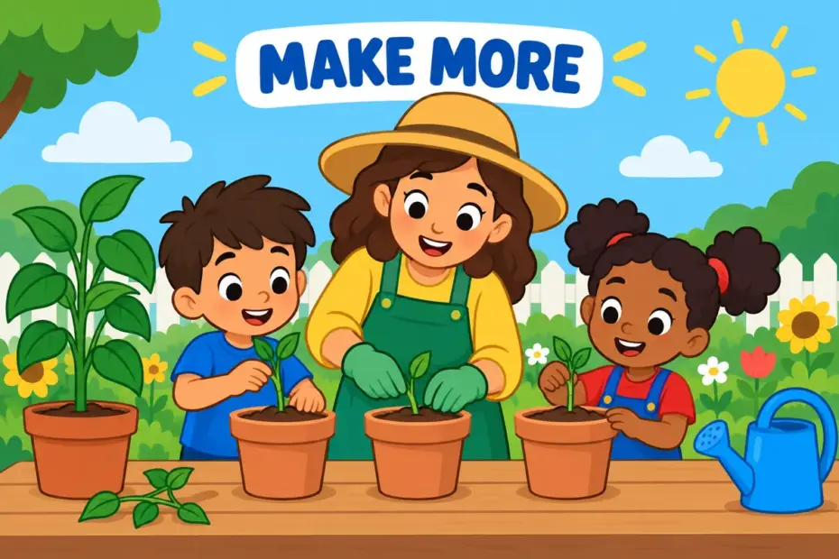 Cartoon children take cuttings from one plant and line up the new pots, showing propagate in a sentence as growing more.