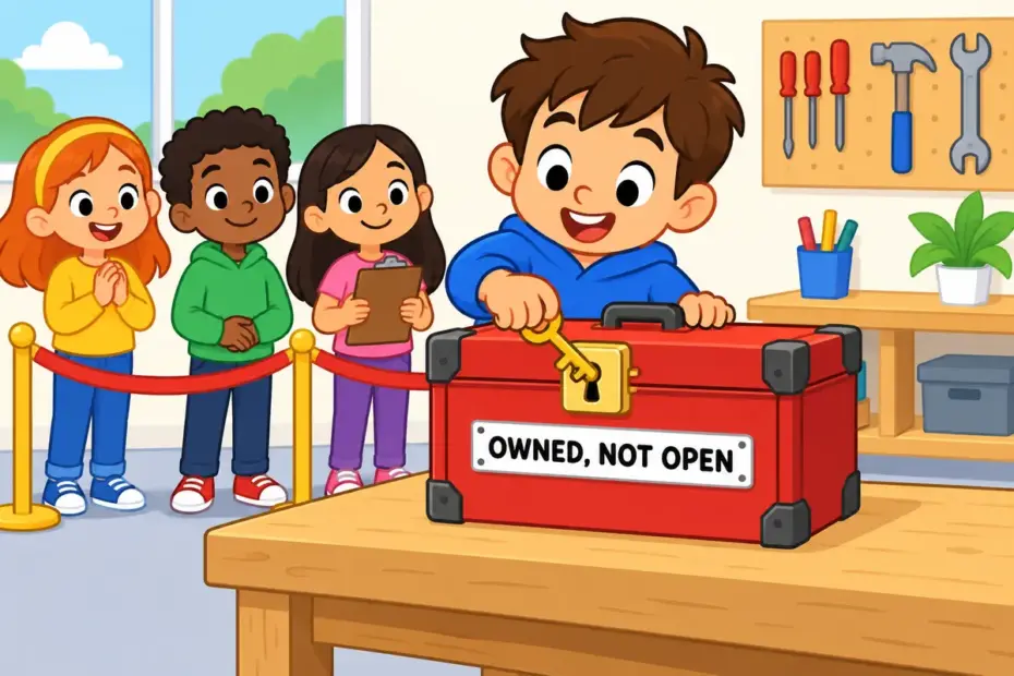 Cartoon children open a private toolbox with one key while classmates watch, teaching proprietary in a sentence as company-owned.
