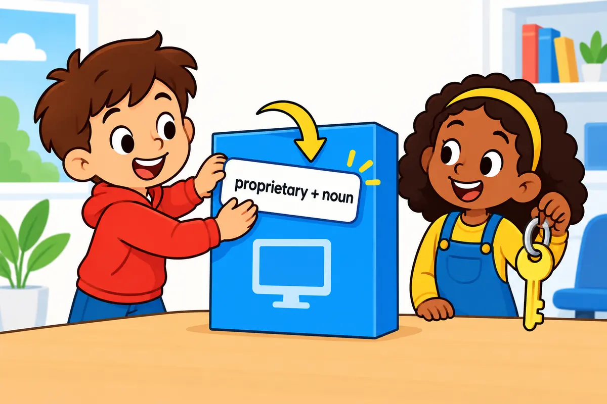 A cartoon child labels a locked software box with a name tag, showing the proprietary plus noun pattern.