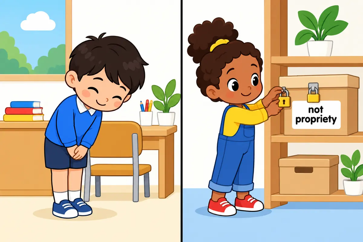 A split cartoon contrasts a tidy polite child with a padlocked company box labelled as owned property.