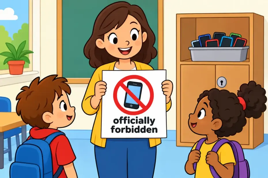 Cartoon pupils read a school code that proscribes phones, showing proscribe in a sentence as an official ban.