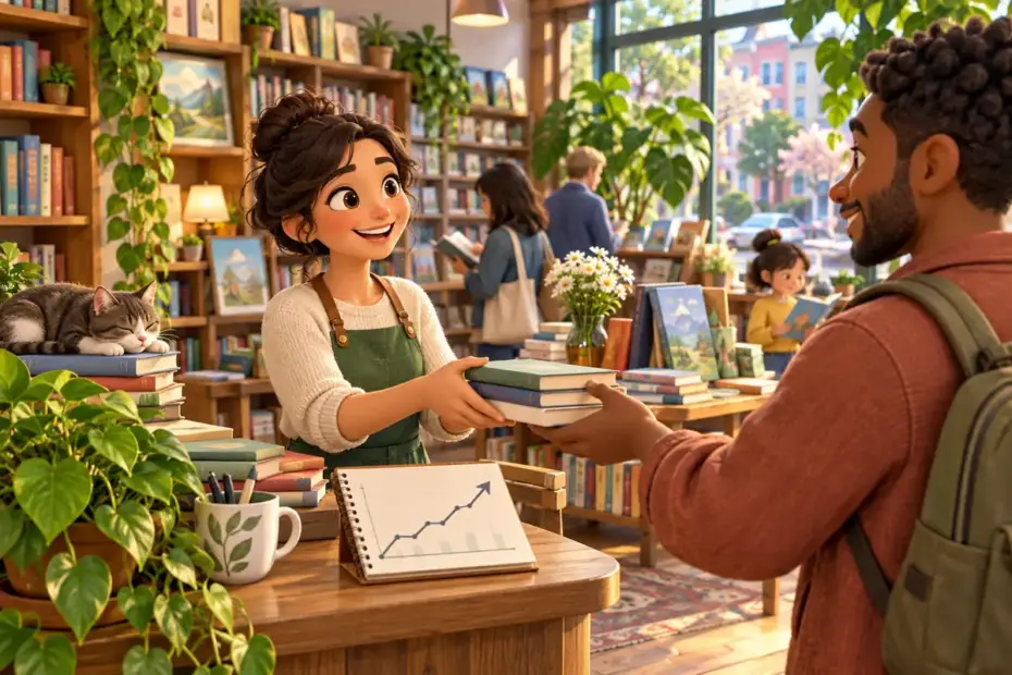 A neighborhood bookshop owner serves a customer beside healthy green plants.