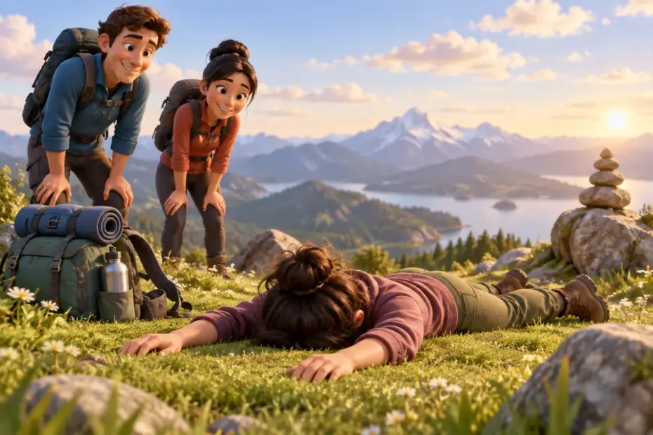 A tired hiker lies face down with arms extended on a grassy trail clearing.