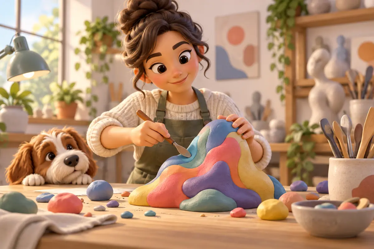 An artist changes the form of a clay sculpture.