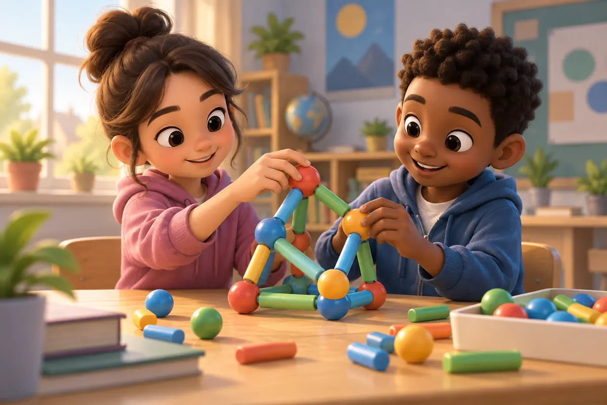 Students rearrange a modular toy into a different shape.