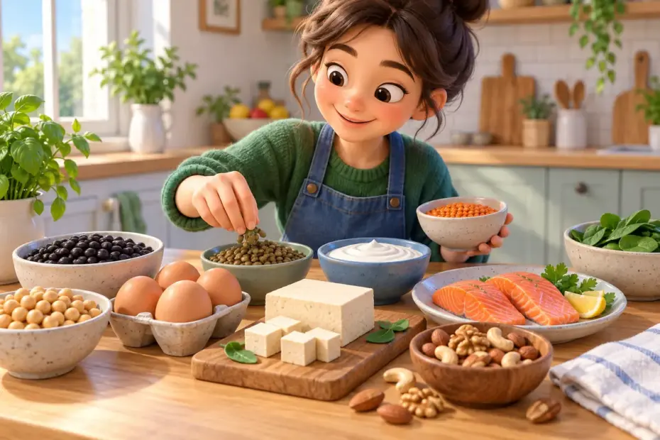 A student arranges beans, eggs, tofu, fish, nuts, and yogurt.