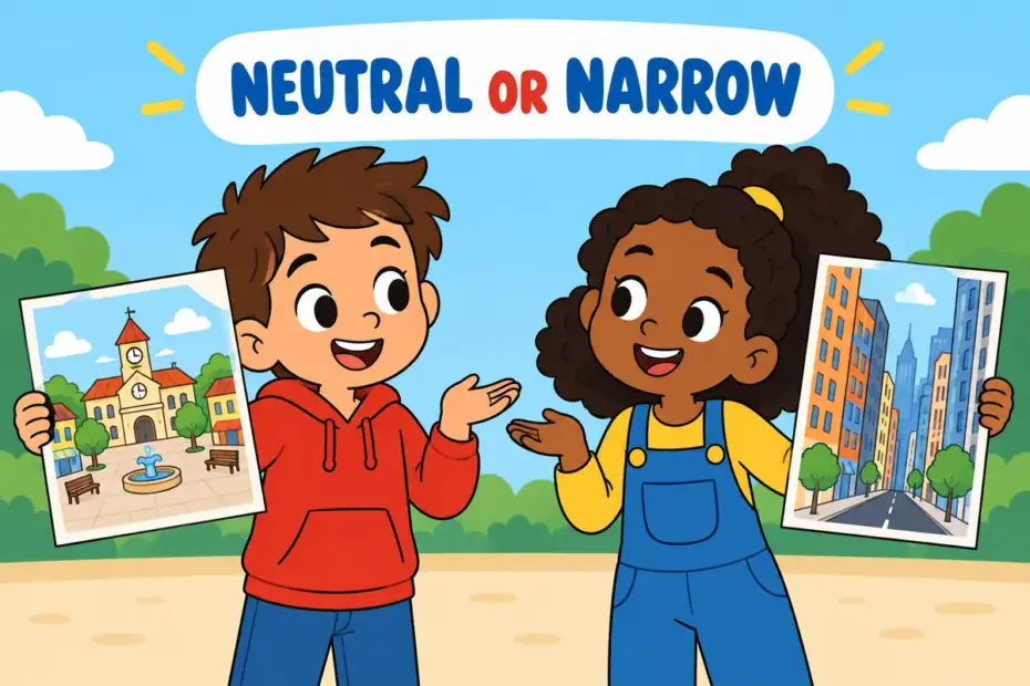 Cartoon children compare a city street with a quiet provincial town, showing provincial in a sentence in both neutral and critical senses.