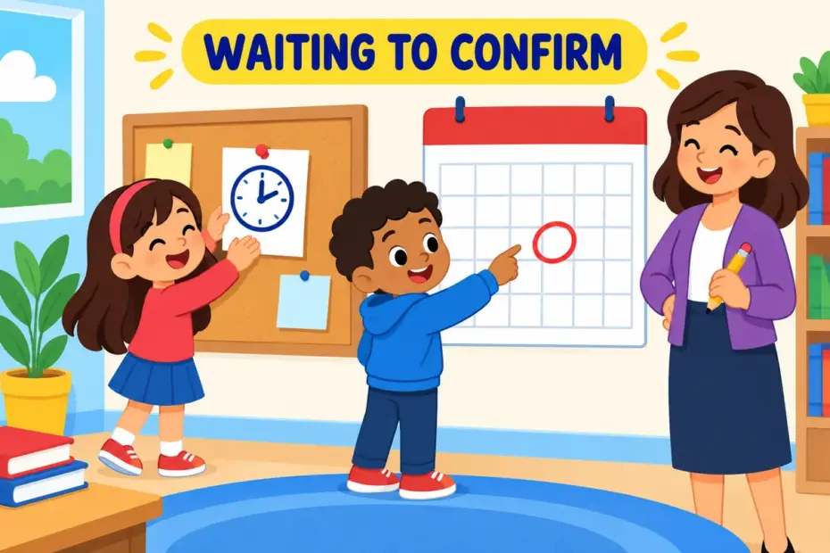 Cartoon pupils pin a provisional timetable on a noticeboard beside a calendar, showing provisional in a sentence as not yet final.