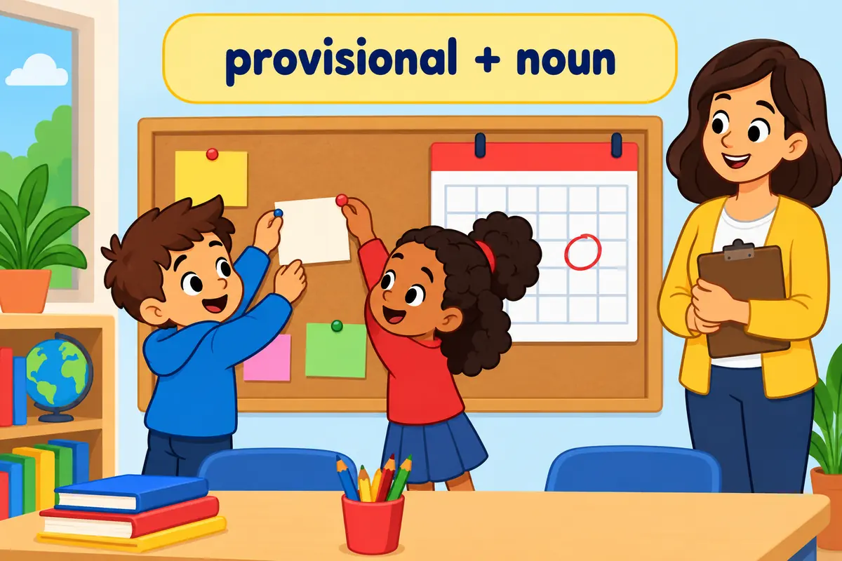 Cartoon children pin a provisional label on a half-finished classroom noticeboard beside a calendar marked for review.