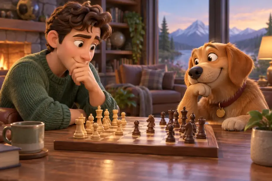 A chess player studies a board across from an opponent.