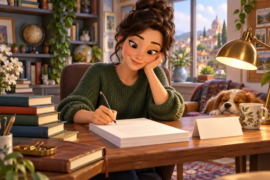 A novelist writes beside a manuscript and a blank name card.