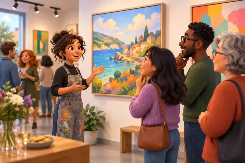 A local artist presents a painting at a community gallery opening as visitors stop to look.
