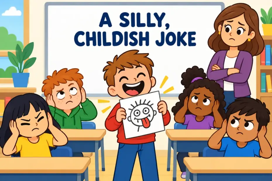 Cartoon pupils groan at a classmate telling a silly joke, illustrating puerile in a sentence as childish behaviour.