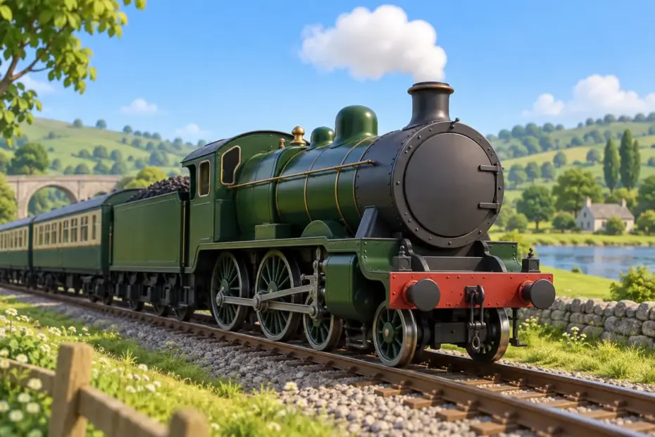An unbranded dark green steam locomotive releases a white cloud of steam as it travels past countryside.