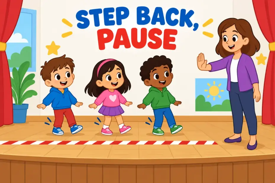 Cartoon children step away from the edge of a low stage, showing pull back in a sentence as a deliberate, careful retreat.