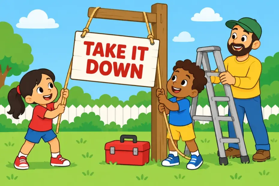 Cartoon workers gently lower a wooden sign from a post, illustrating pull down in a sentence as taking something down.