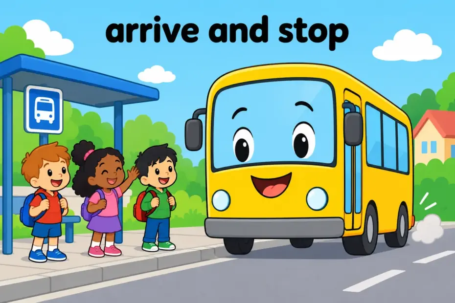 A cartoon bus eases into a bus stop as children wait, showing pull in in a sentence as arriving and stopping.