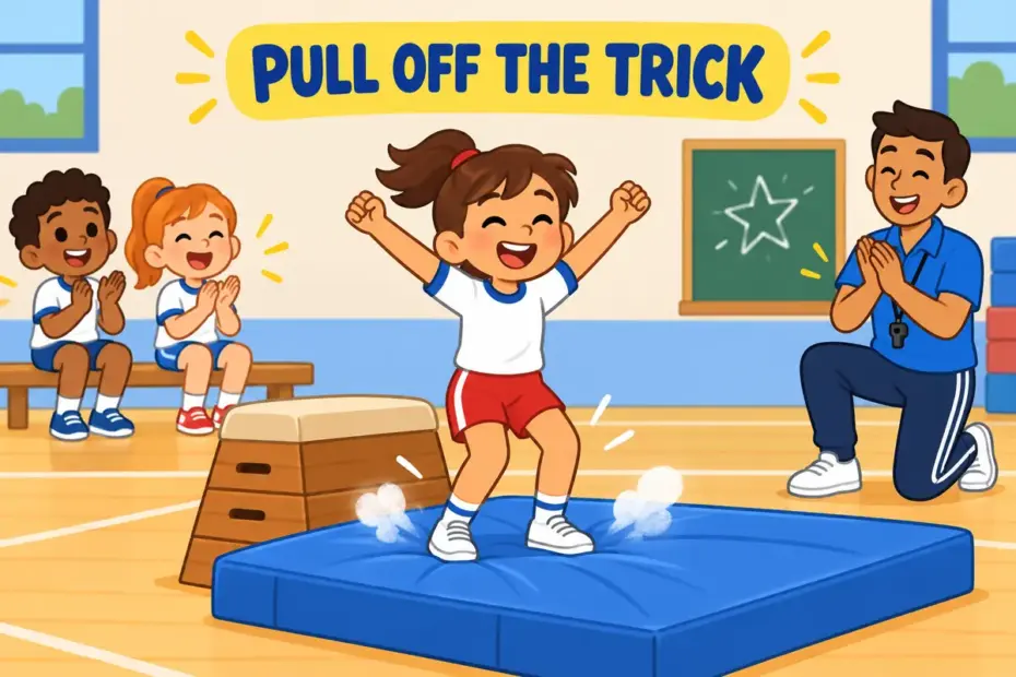 A cartoon child lands a difficult jump and raises both arms, showing pull off in a sentence as a hard success.