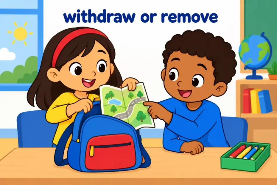 Cartoon child pulls a folded map out of a backpack, showing pull out in a sentence as removing something.