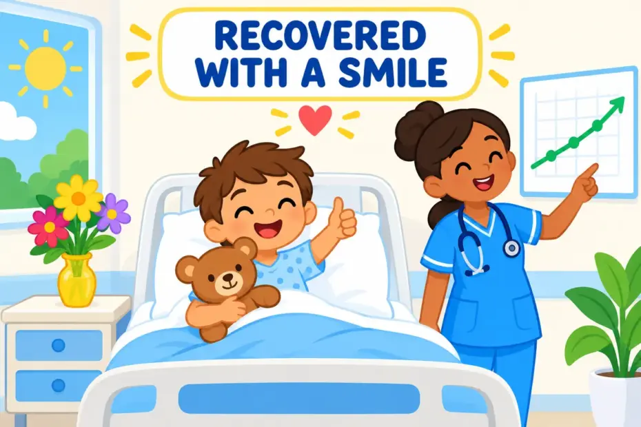 Cartoon child gives a thumbs up beside a rising get-well chart, showing pull through in a sentence as recovering from illness.