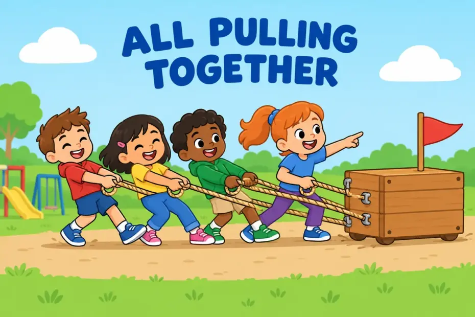 Cartoon classmates pull together on one rope to drag a heavy box, showing the phrase pull together in a sentence.