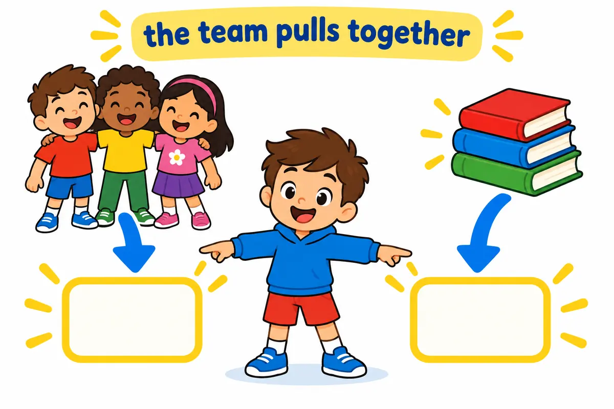 A cartoon board shows a group of children as the subject of pull together and a stack of books as the object.