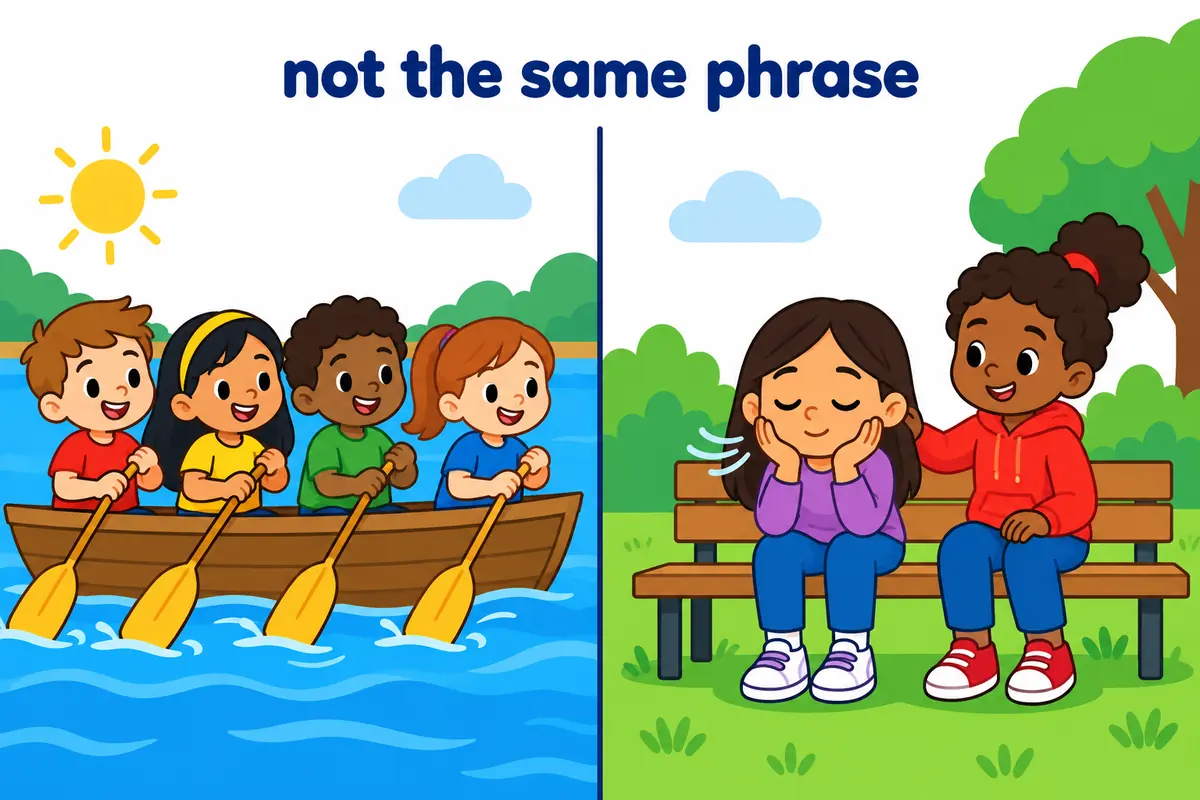 A cartoon split scene shows a rowing team pulling together on one side and one worried child taking a steadying breath on the other.