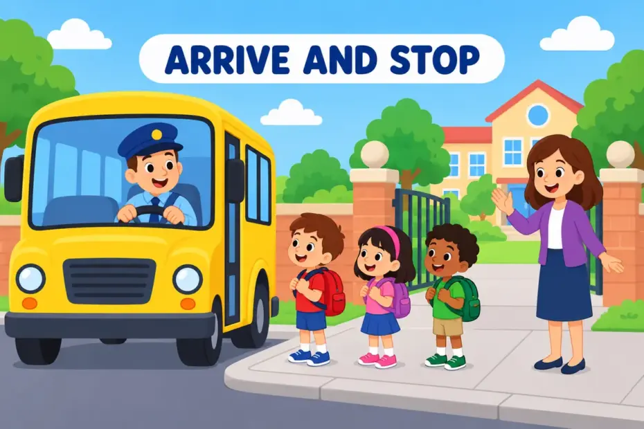 Cartoon school bus pulls up at a school gate as children wait, showing pull up in a sentence as stopping on arrival.
